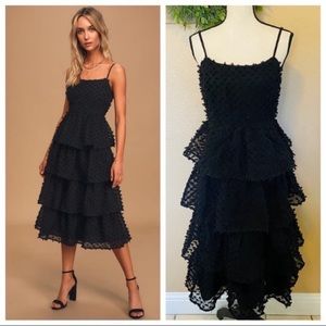 NWOT Flirting with You Black Tiered Pom Pom Midi Dress